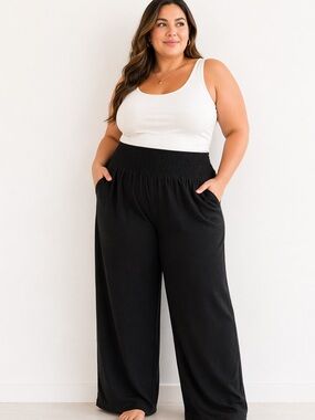 Black Smocked Waist Wide Leg Pants Flowy Palazzo Lounge Comfy Chic